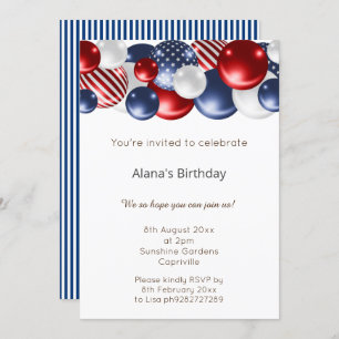 RED BLUE WHITE PATRIOTIC STRIPED BALLOON BIRTHDAY INVITATION