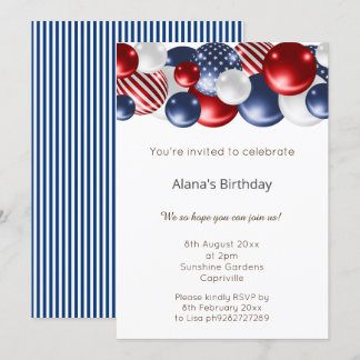 RED BLUE WHITE PATRIOTIC STRIPED BALLOON BIRTHDAY  INVITATION