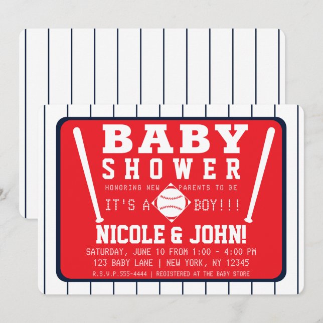 Red Blue & White Pinstripes Baseball Baby Shower Invitation (Front/Back)