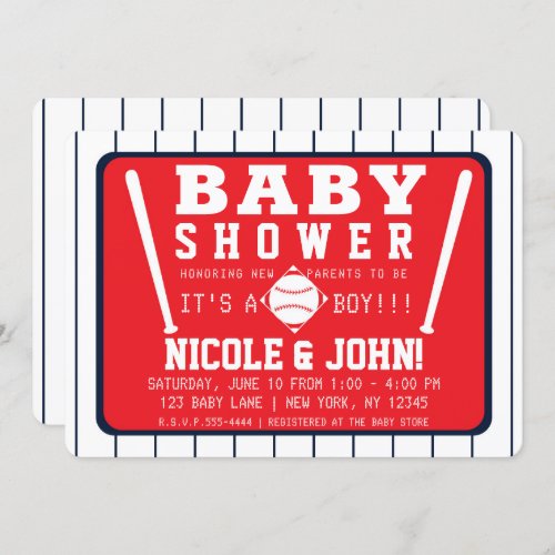 Red Blue  White Pinstripes Baseball Baby Shower Invitation