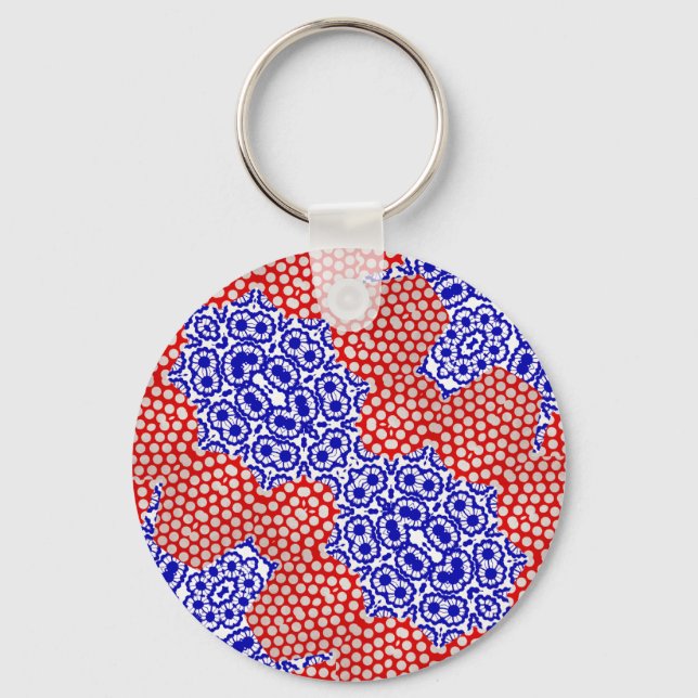 Red Blue White Polka Dot Lacy Floral Pattern Keychain (Front)