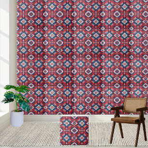Red Blue White Scandinavian Floral Tile Pattern