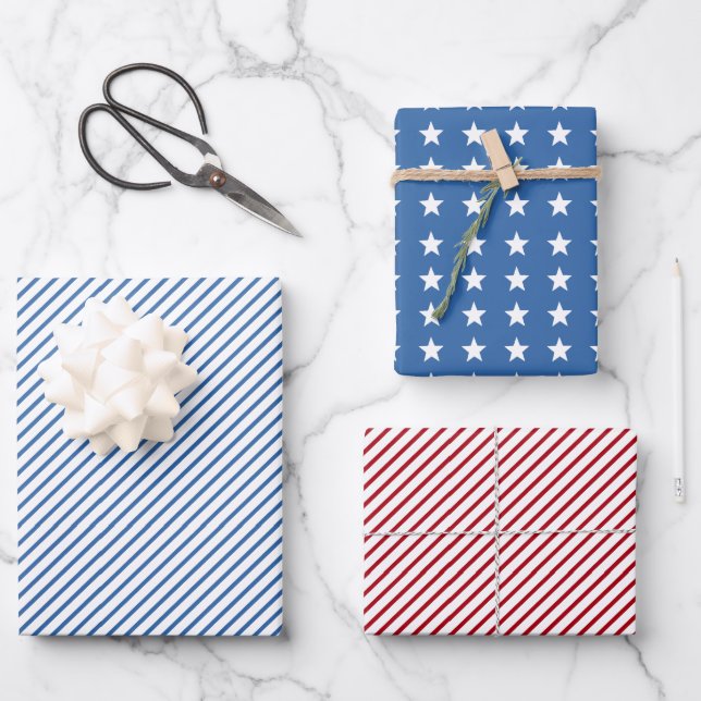 Red Blue White Stripes and Stars Patriotic Wrapping Paper Sheets (Front)