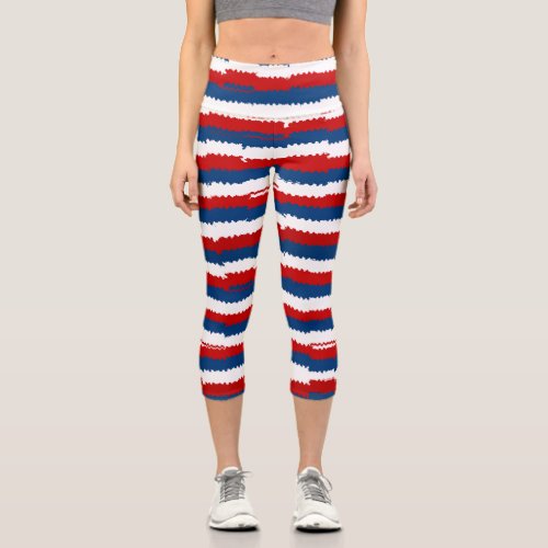 Red Blue White Stripes  Capri Leggings