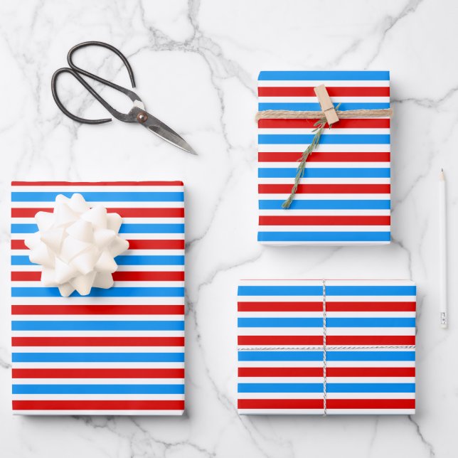 Red Blue White Stripes Independence Day Wrapping Paper Sheets (Front)