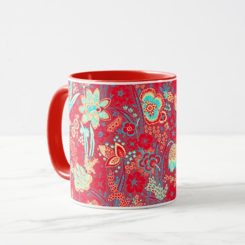 RED BLUE  WHITE WILD FLOWERS TULIPSLEAVES FLORAL MUG