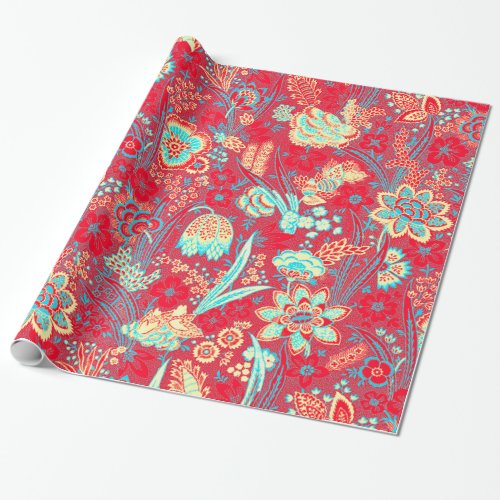 RED BLUE WHITE WILD FLOWERS TULIPSLEAVES FLORAL  WRAPPING PAPER