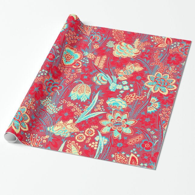 RED BLUE WHITE WILD FLOWERS TULIPS,LEAVES FLORAL  WRAPPING PAPER (Unrolled)