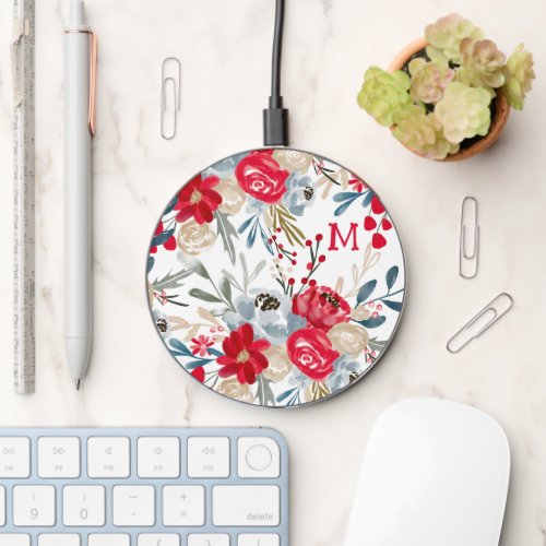 Red blue winter floral watercolor monogram wireless charger 