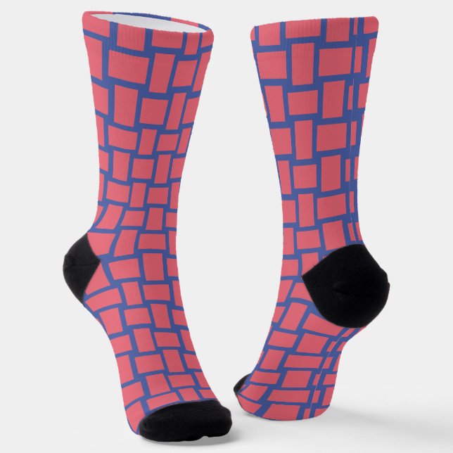 Red Blue Woven Blocks Pattern Socks (Angled)