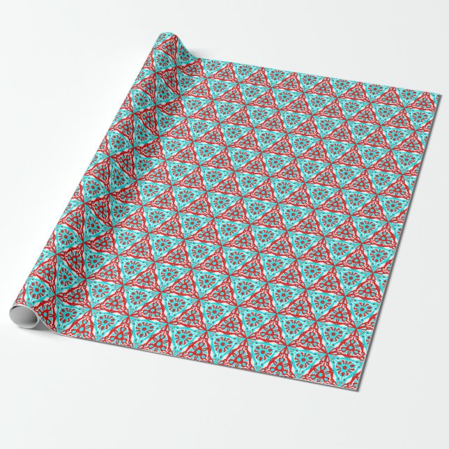 Red Blue Xmas Geometric Nordic Pattern Wrapping Paper (Unrolled)