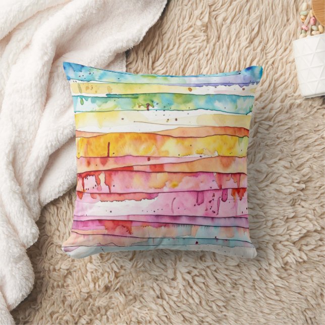 Red, Blue, Yellow Abstract Watercolor Layers Throw Pillow (Blanket)