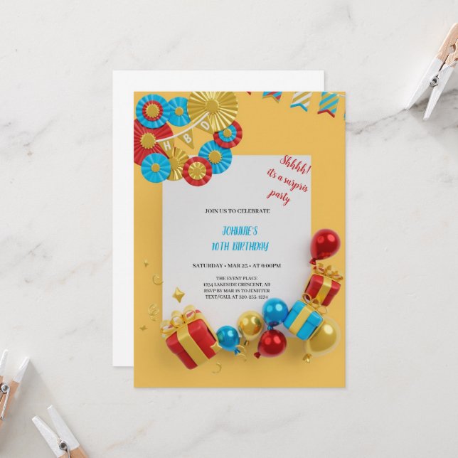 RED,BLUE,YELLOW AND GOLD birthday  Invitation (Front/Back In Situ)
