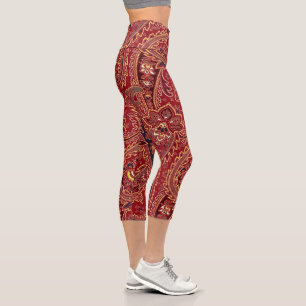 Red, Blue, Yellow and White Vintage Paisley Floral Capri Leggings