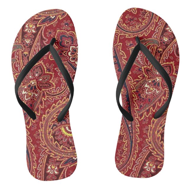 Red, Blue, Yellow and White Vintage Paisley Floral Flip Flops (Footbed)
