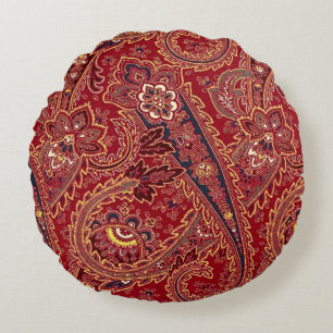 Red, Blue, Yellow and White Vintage Paisley Floral Round Pillow