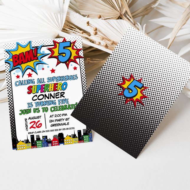 Red Blue Yellow Bam Superhero 5th Birthday Invitation (Boys Super hero Superhero 5th Birthday Party Invitation, Bam 5th Birthday Superhero Invitation )