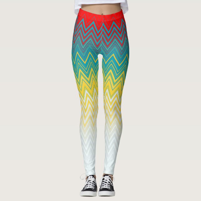 Red Blue Yellow Chic Unique Zigzag Pattern Leggings (Front)