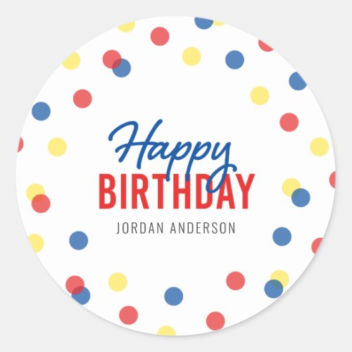 Red Blue Yellow Confetti Happy Birthday Classic Round Sticker