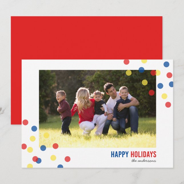 Red Blue Yellow Confetti Photo Happy Holidays Card (Front/Back)