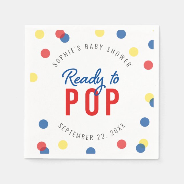 Red Blue Yellow Confetti Ready to Pop Baby Shower Napkins (Front)