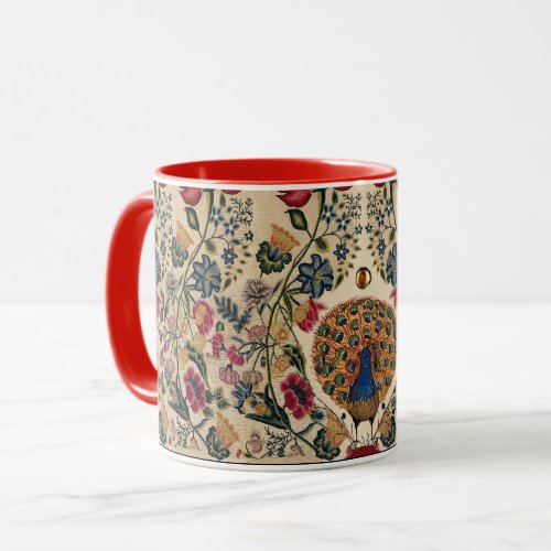 RED BLUE YELLOW FLOWERS AND PEACOCK Antique Floral Mug