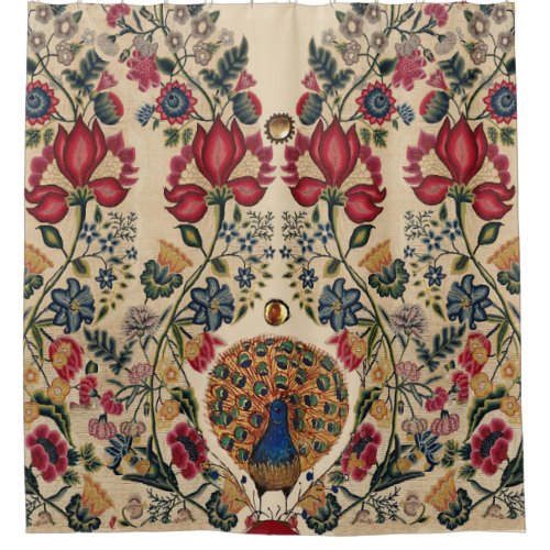 RED BLUE YELLOW FLOWERS AND PEACOCK Antique Floral Shower Curtain