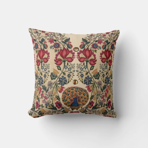 RED BLUE YELLOW FLOWERS AND PEACOCK Antique Floral Throw Pillow