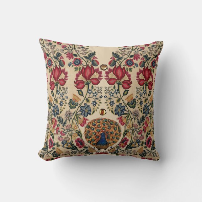 RED BLUE YELLOW FLOWERS AND PEACOCK Antique Floral Throw Pillow (Front)