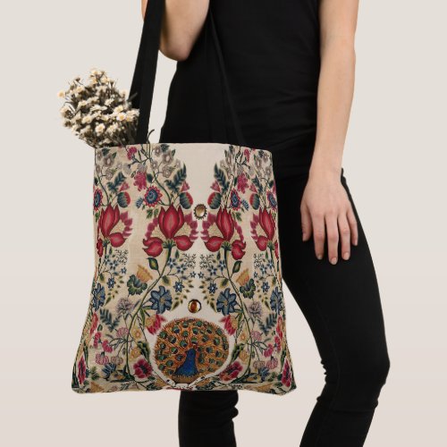 RED BLUE YELLOW FLOWERS AND PEACOCK Antique Floral Tote Bag