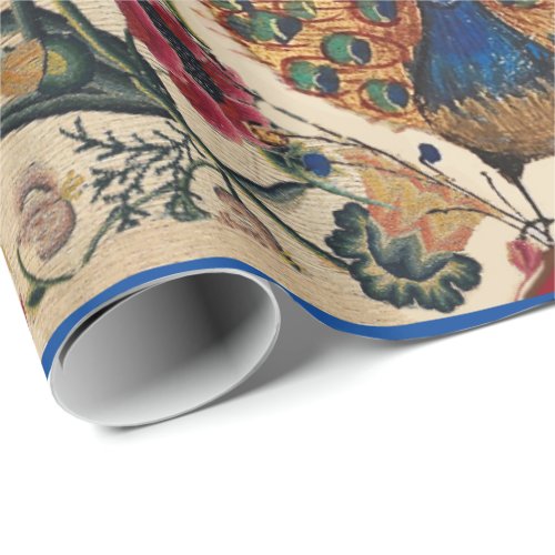 RED BLUE YELLOW FLOWERS AND PEACOCK Antique Floral Wrapping Paper