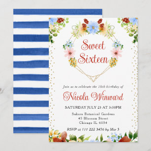 Red, Blue Yellow Flowers Heart Wreath Sweet 16 Invitation