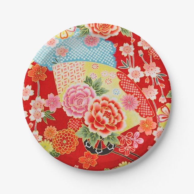 Red Blue Yellow Japanese Kimono Floral Flower Paper Plates (Front)