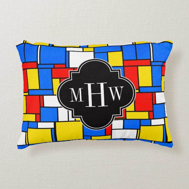 Red Blue Yellow Mondrian Blk Quatrefoil 3 Monogram Accent Pillow (Front)