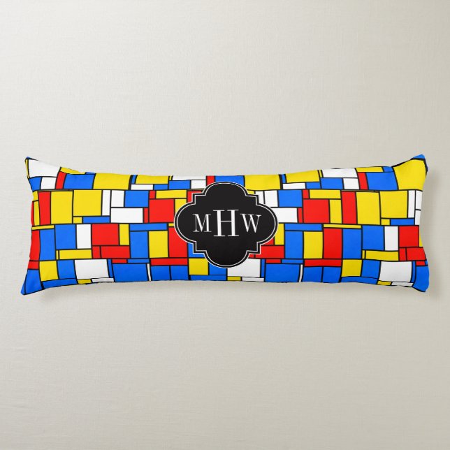 Red Blue Yellow Mondrian Blk Quatrefoil 3 Monogram Body Pillow (Front)