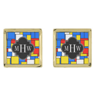 Red Blue Yellow Mondrian Blk Quatrefoil 3 Monogram Gold Cufflinks