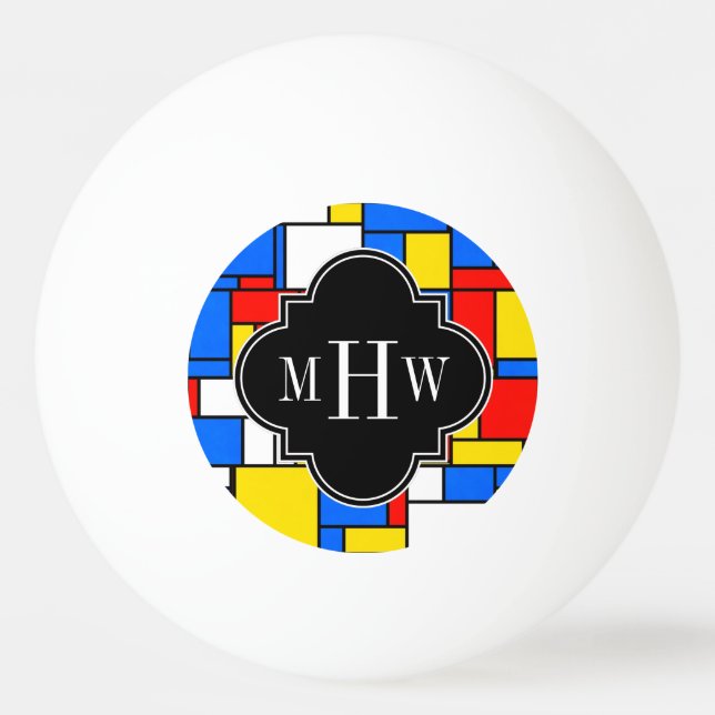 Red Blue Yellow Mondrian Blk Quatrefoil 3 Monogram Ping-Pong Ball (Front)