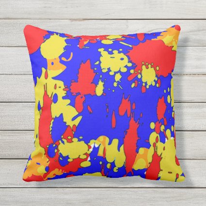 Red Blue Yellow Paint Splatters Outdoor Pillow