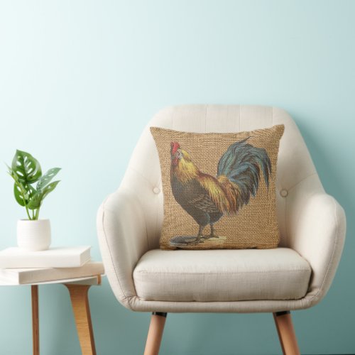 Red Blue Yellow Rooster On Faux Jute Burlap Throw Pillow