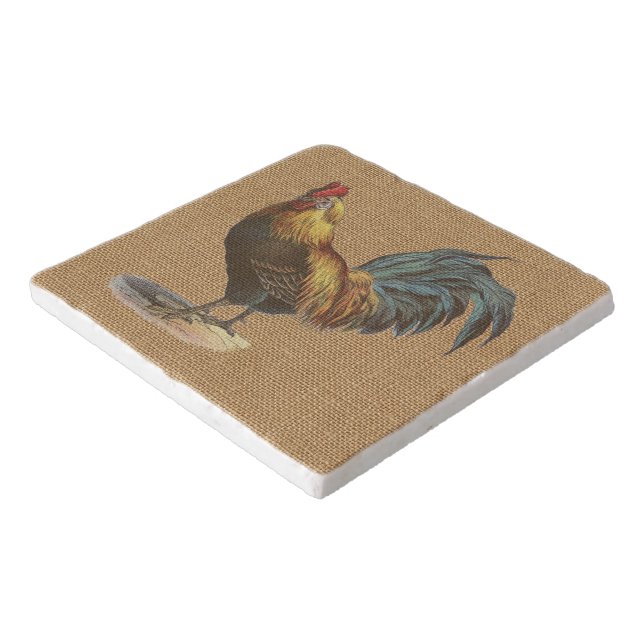 Red Blue Yellow Rooster On Faux Jute Burlap Trivet (Corner)