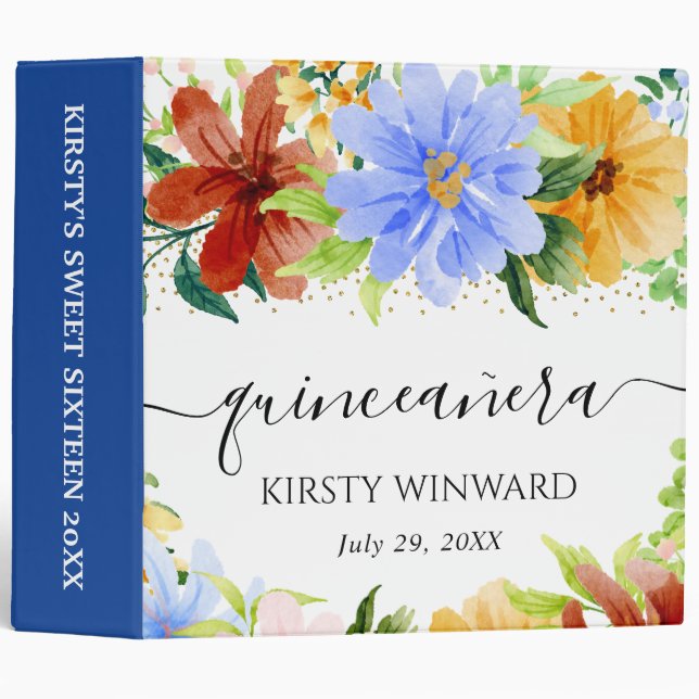 Red Blue Yellow Roses Quinceanera Photo Album 3 Ring Binder (Front/Spine)