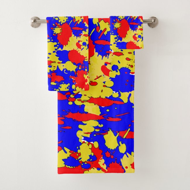 Red Blue Yellow Splatters Abstract Bath Towel Set