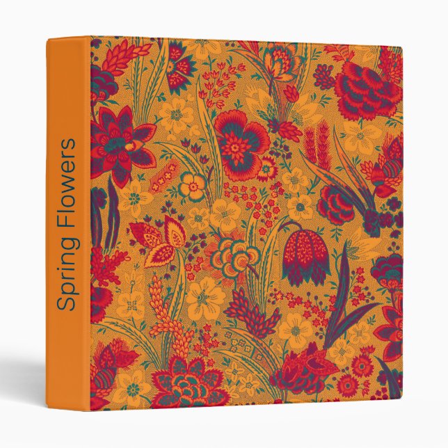 RED BLUE YELLOW WILD FLOWERS TULIPS,LEAVES FLORAL 3 RING BINDER (Front/Spine)