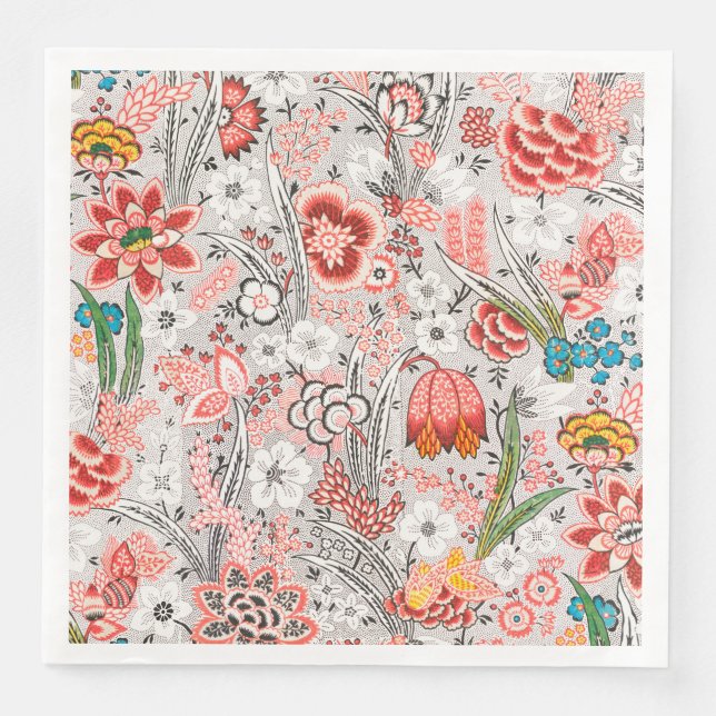 RED BLUE YELLOW WILD FLOWERS TULIPS,LEAVES FLORAL PAPER DINNER NAPKINS (Front)