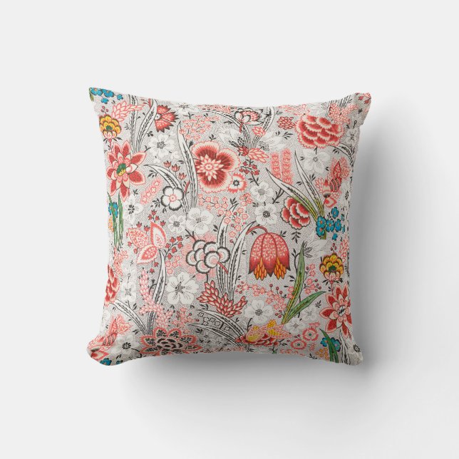 RED BLUE YELLOW WILD FLOWERS TULIPS,LEAVES FLORAL  THROW PILLOW (Front)