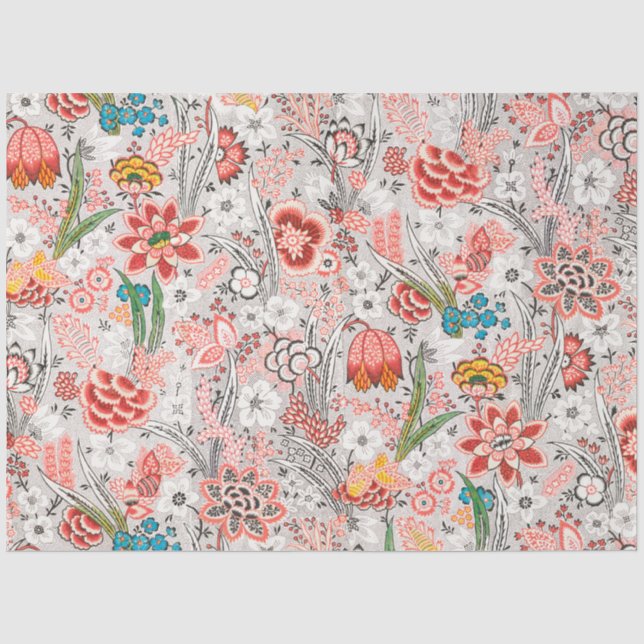 RED BLUE YELLOW WILD FLOWERS TULIPS,LEAVES FLORAL  TISSUE PAPER (Front)