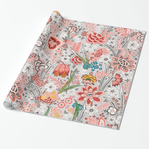 RED BLUE YELLOW WILD FLOWERS TULIPSLEAVES FLORAL  WRAPPING PAPER