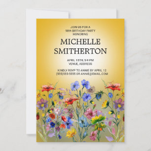 Red Blue Yellow Wildflowers 90th Birthday Invitation
