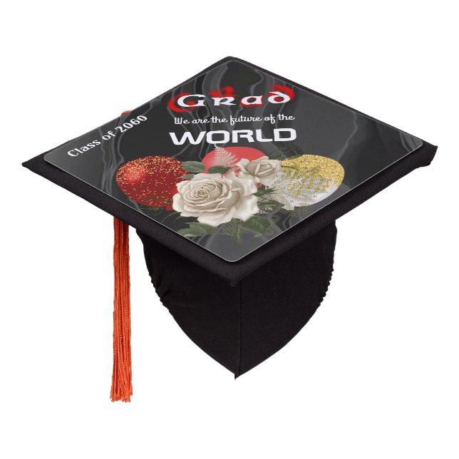 Red Blurred Text White English Roses & Balloons Graduation Cap Topper (Angled)