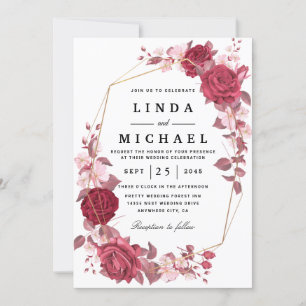 Red Blush and Gold Geometric Greenery Wedding Invi Invitation